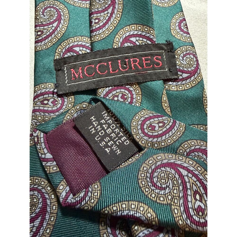 McClures Mens Silk Paisley‎ Tie Teal Green Burgundy Gold Hand Sewn USA Classic
